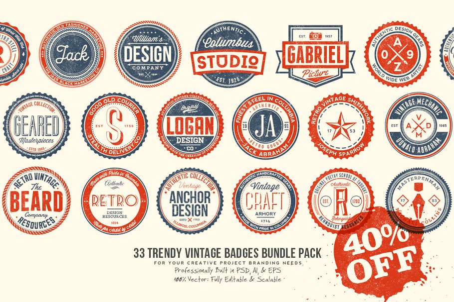 33 Trendy Vintage Badges Bundle Pack